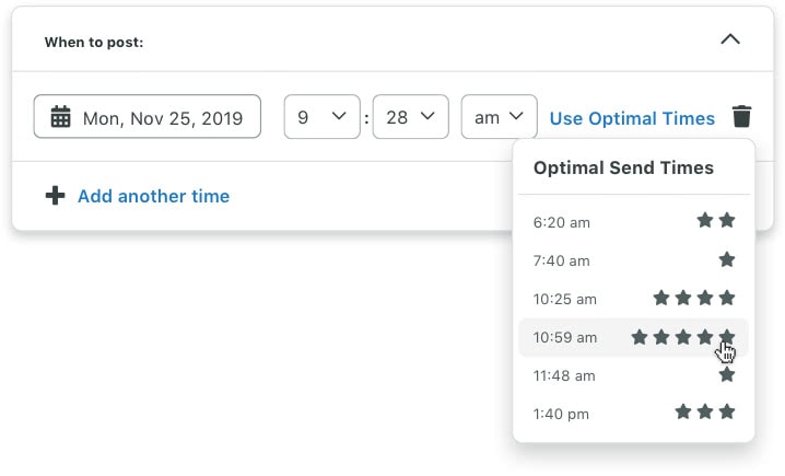 A closer look at Sprout’s Optimal Send Times menu lists six different times, each with star ratings that indicate levels of potential engagement.