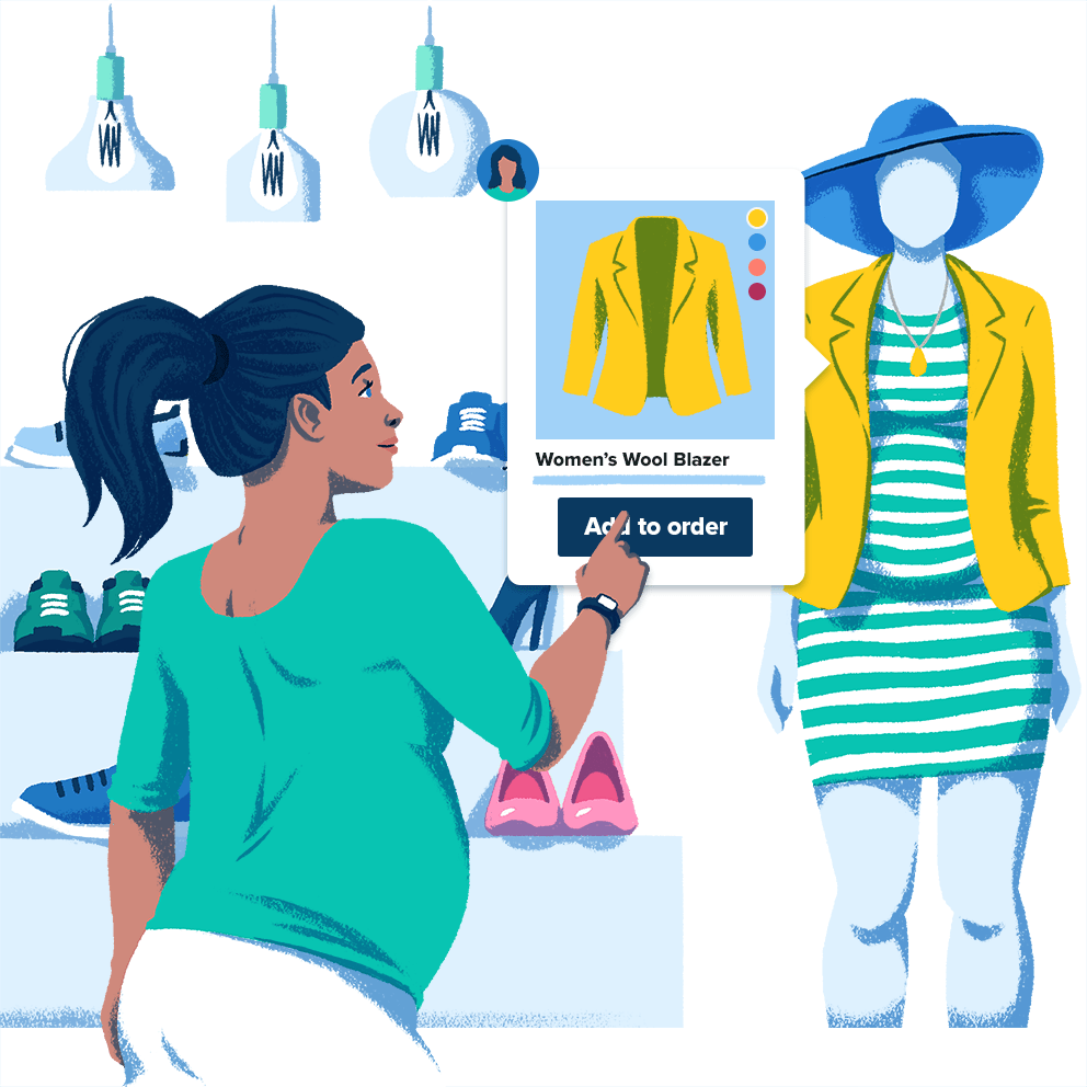 Illustration of a shopper in store pressing an add to order button on a jacket she wants to buy off a mannequin.