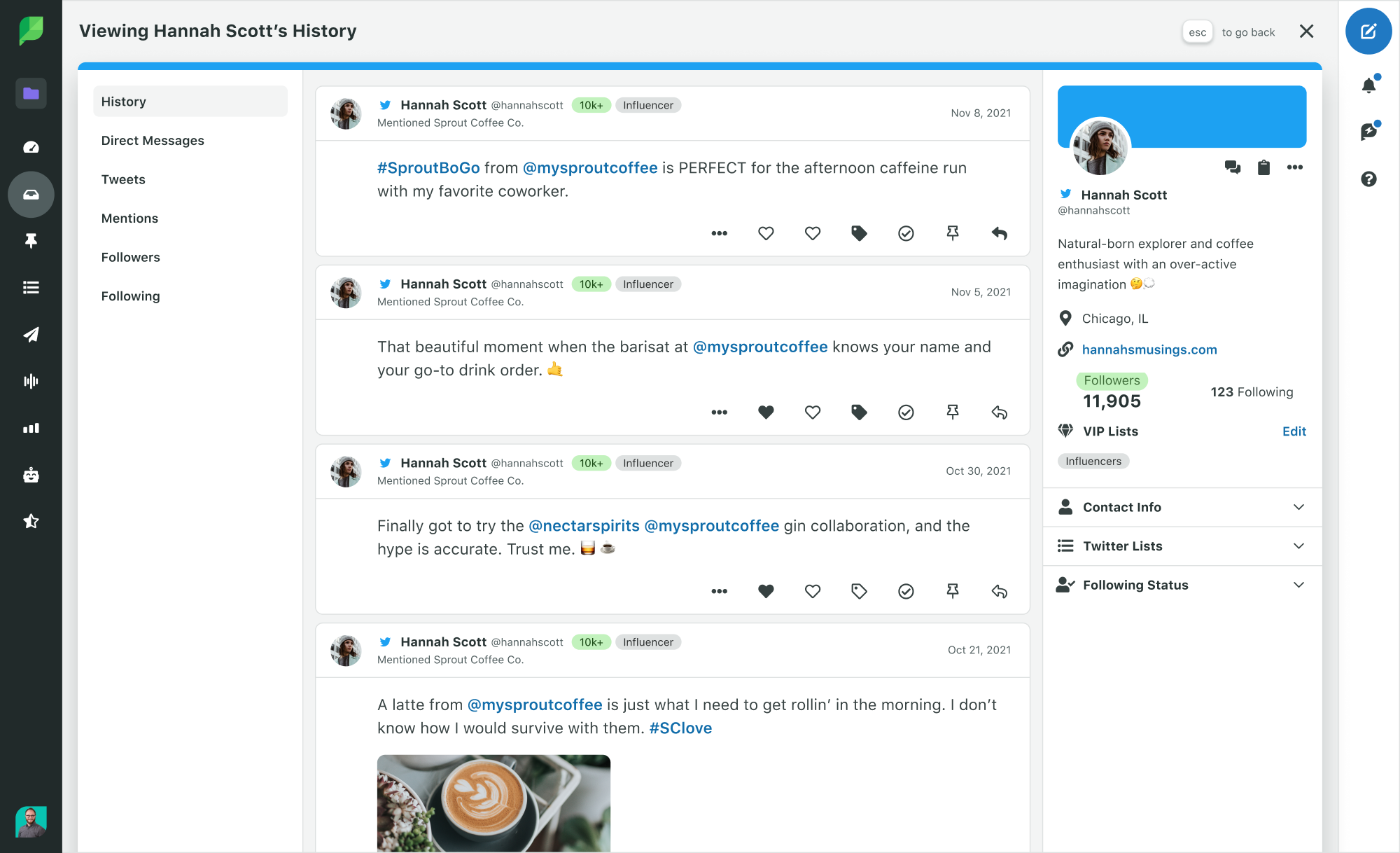 Sprout Social Product Image of Engagement Contact View with Twitter Conversation History