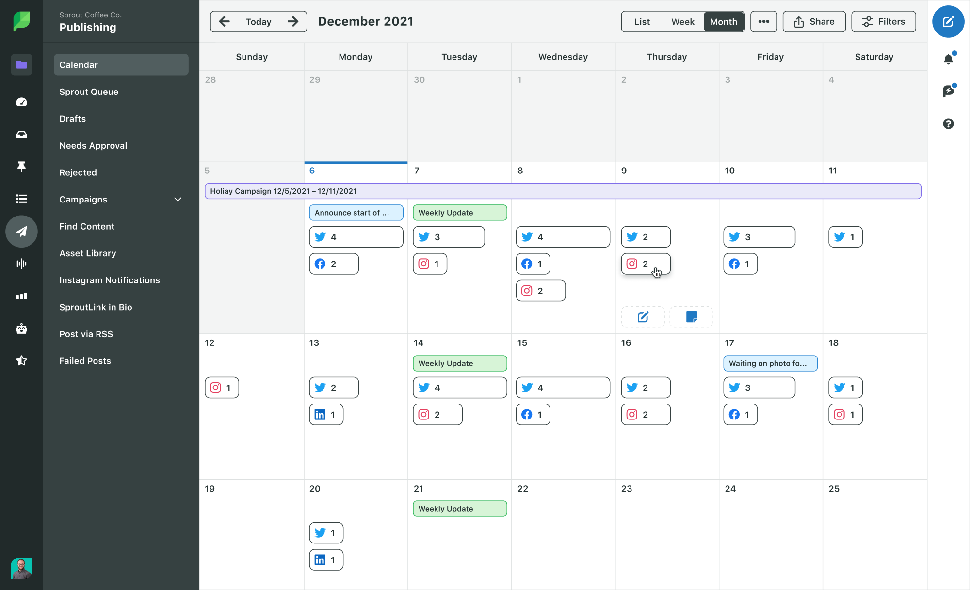 A screenshot of a Sprout Social publishing calendar set to month view. The calendar displays posts scheduled for Twitter, Facebook, Instagram and LinkedIn, as well as reminders for tasks and important dates. 