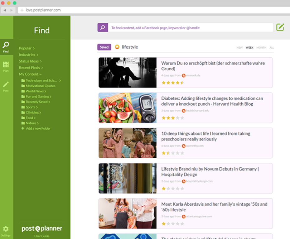 Post Planner can find relevant social content based on keywords and hashtags