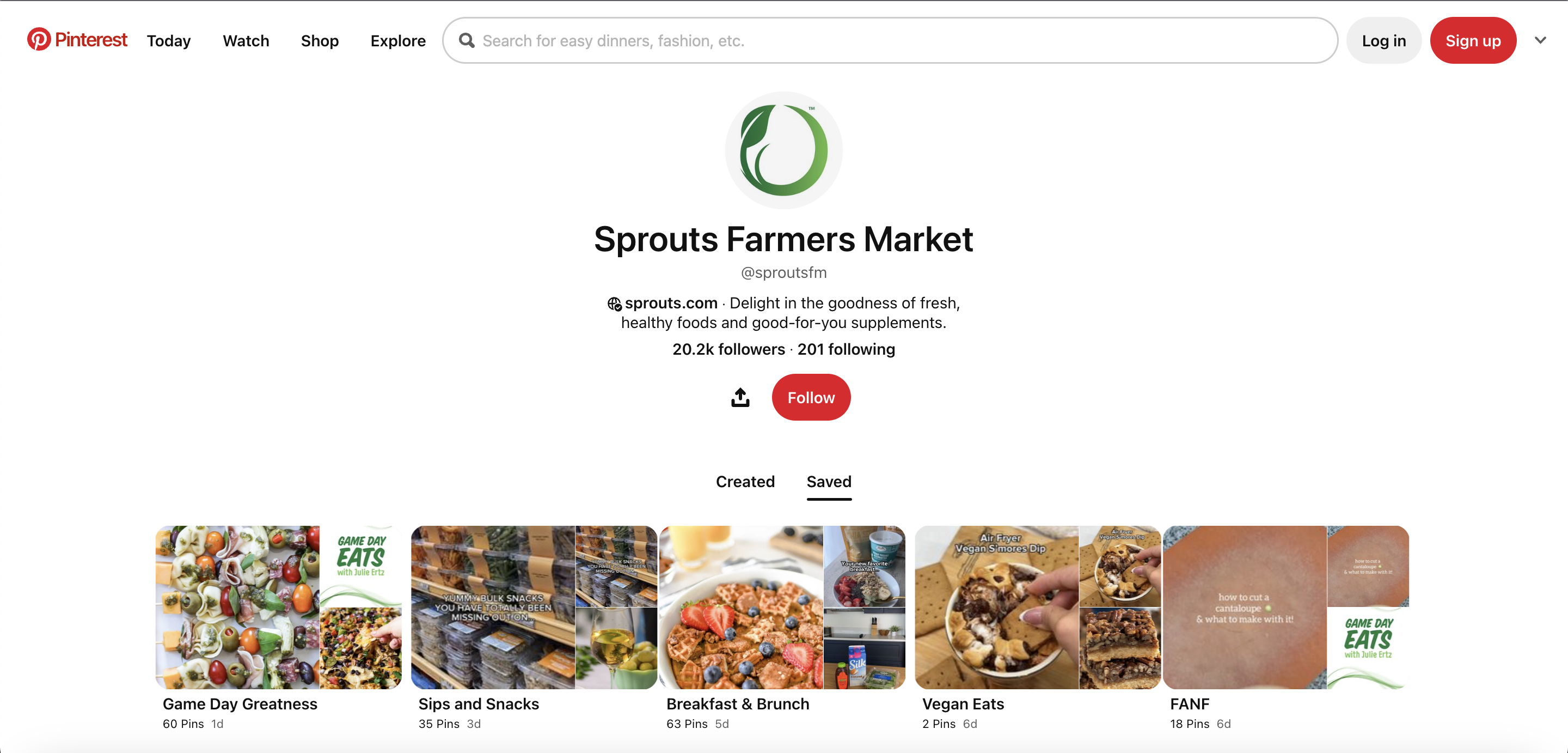 Sprouts Farmers Market Pinterest page featuring several pinboards.