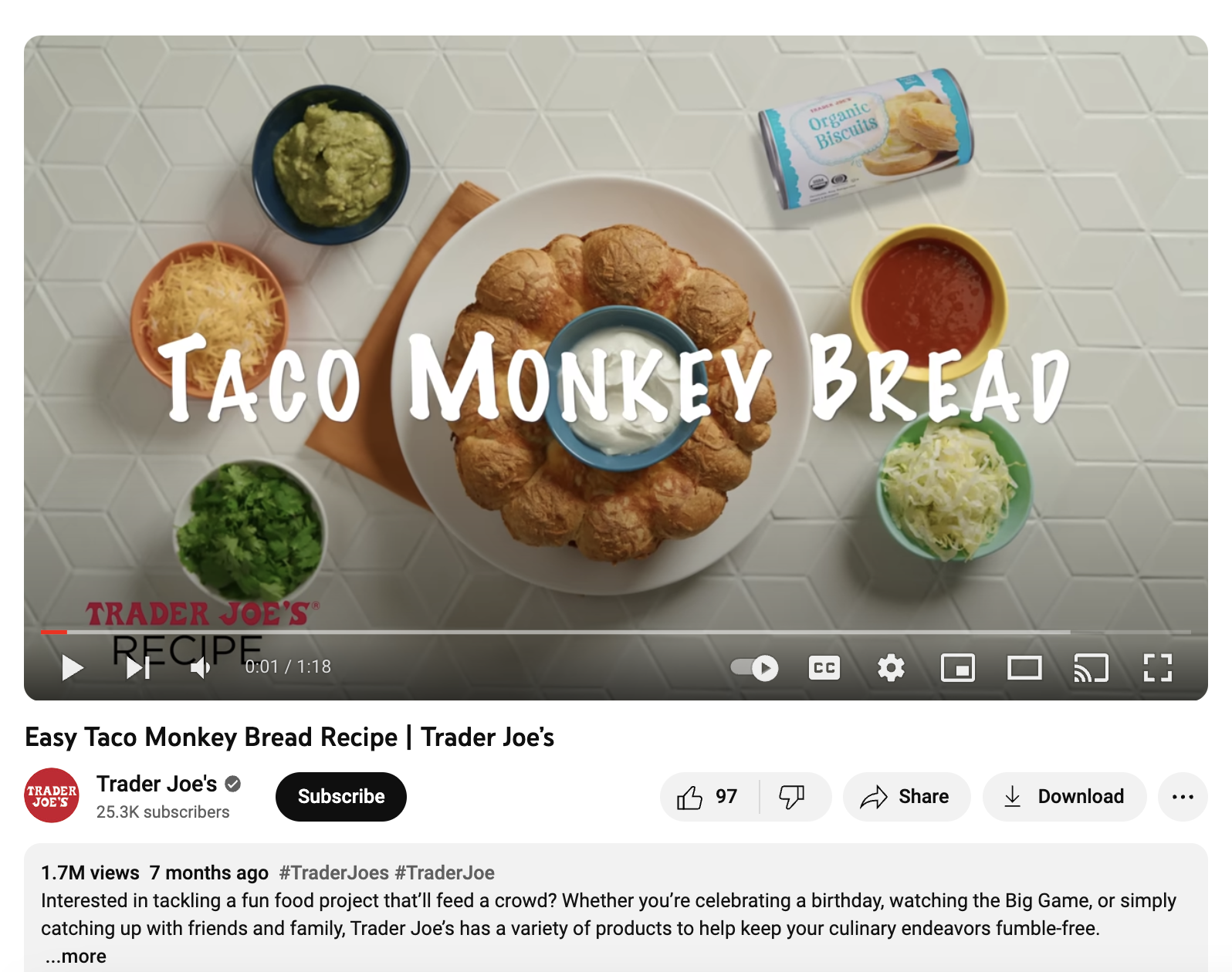 Trader Joe's YouTube tutorial for taco monkey bread.