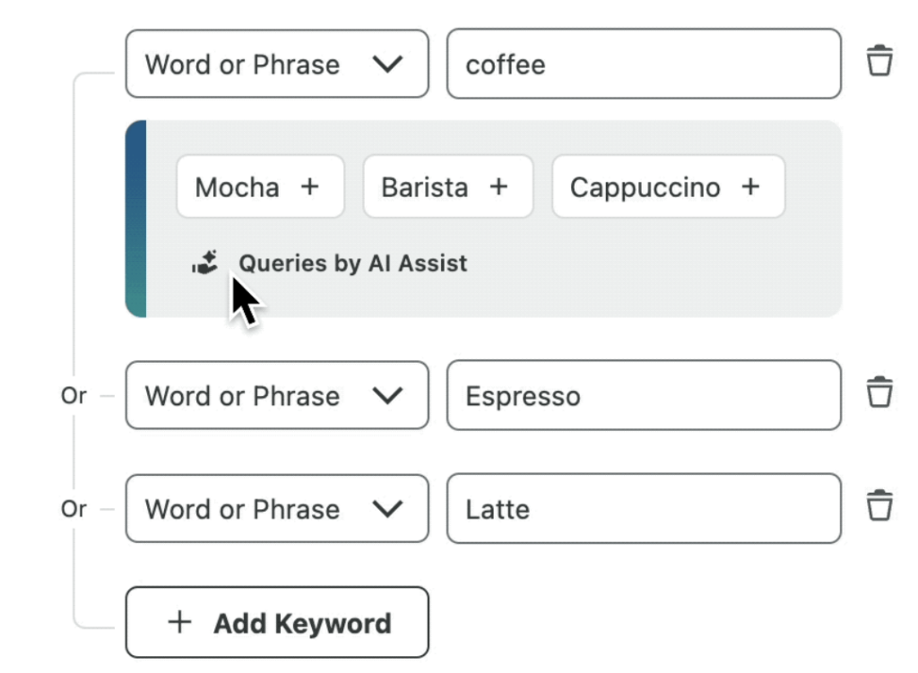 A screenshot of Queries by AI Assist in Sprout where AI suggests keywords to add to your social listening query.