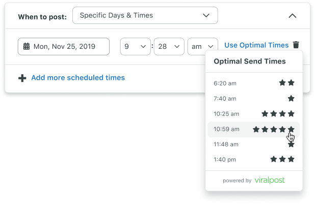 A closer look at Sprout’s Optimal Send Times menu lists six different times, each with star ratings that indicate levels of potential engagement.
